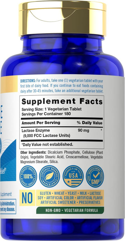Carlyle Laktase-Enzym-Tabletten 9000 FCC | 180 Tabletten | Maximale Stärke bei Laktoseintoleranz | Schnell wirkend | Vegetarisch, Ohne Gentechnik, Glutenfrei
