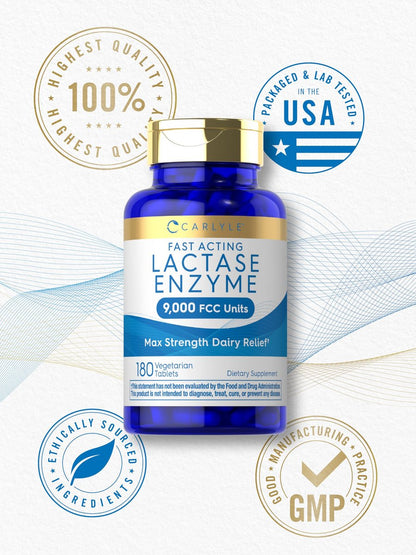 Carlyle Laktase-Enzym-Tabletten 9000 FCC | 180 Tabletten | Maximale Stärke bei Laktoseintoleranz | Schnell wirkend | Vegetarisch, Ohne Gentechnik, Glutenfrei