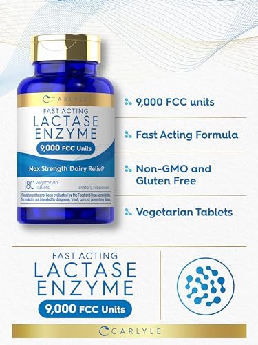 Carlyle Laktase-Enzym-Tabletten 9000 FCC | 180 Tabletten | Maximale Stärke bei Laktoseintoleranz | Schnell wirkend | Vegetarisch, Ohne Gentechnik, Glutenfrei