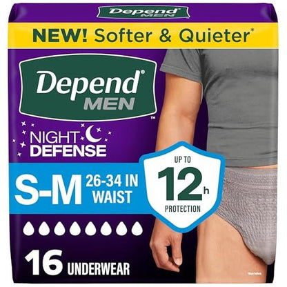Depend Night Defense Inkontinenzunterwäsche für Männer, Einweg, Nachts, Small/Medium, Grau, 16 Stück