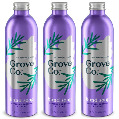 Grove Co. Hydrating Gel Hand Soap Refill Set (3 x 13 Fl Oz) – Plastikfreier Flüssigseifen-Nachfüllpack mit Lavendelblüte & Thymian – 100% natürlicher Duft, pflegt die Hände weich und sauber