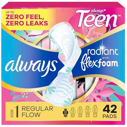 Always Radiant Teen Binden, Größe 1, Regular, mit Flügeln, unparfümiert, 42 Stück