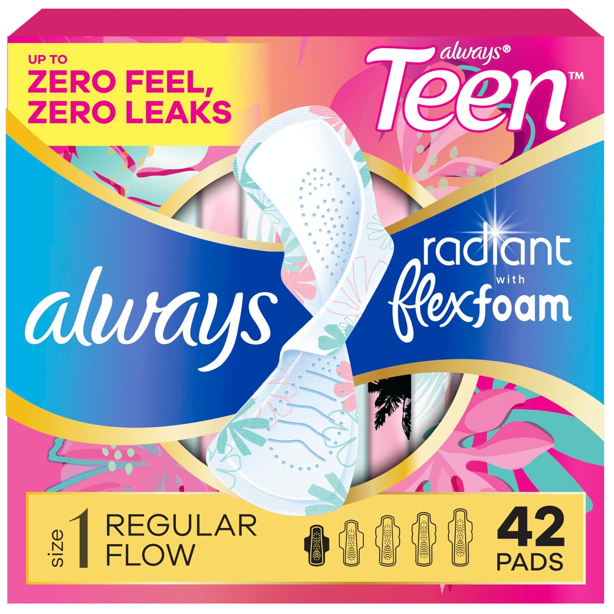 Always Radiant Teen Binden, Größe 1, Regular, mit Flügeln, unparfümiert, 42 Stück