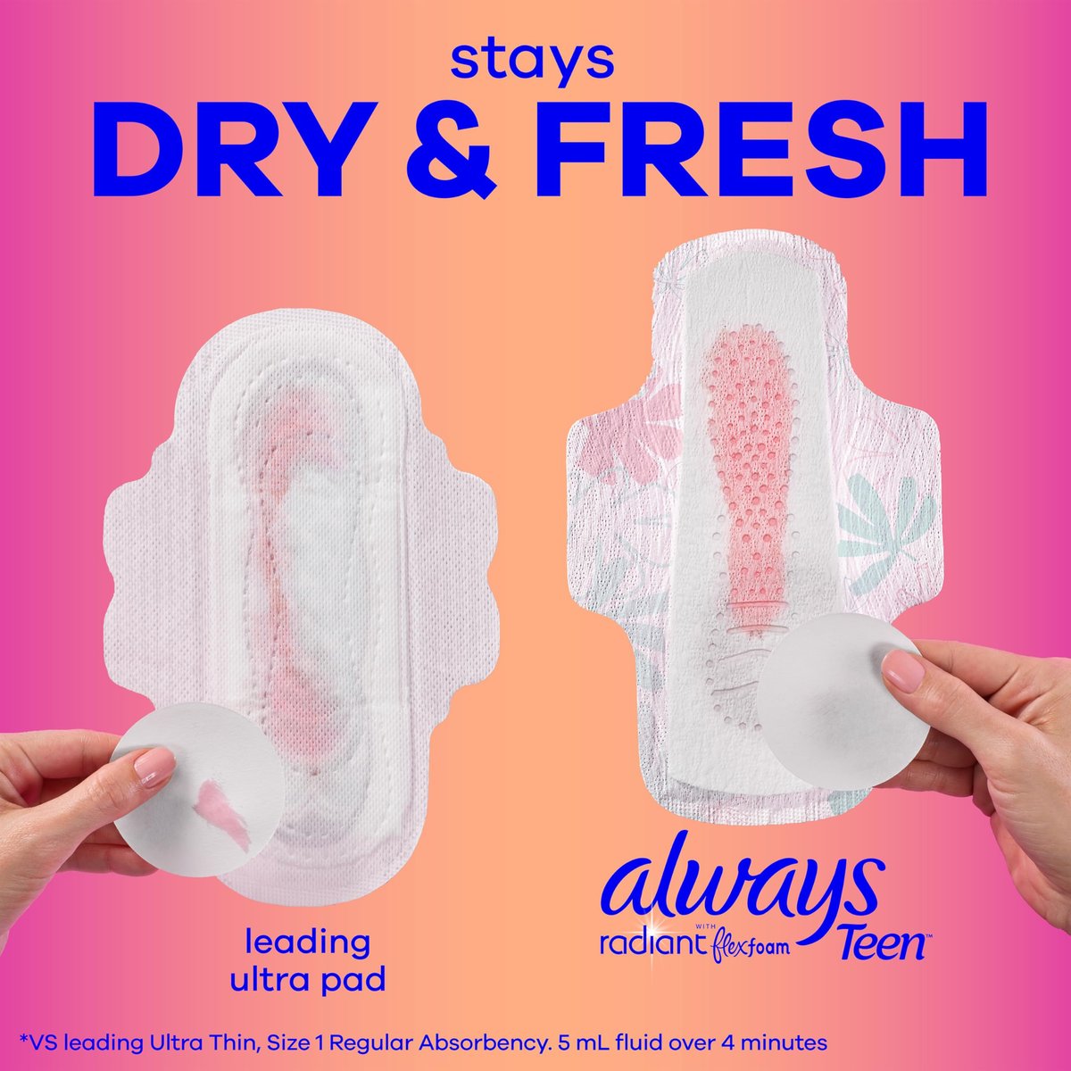 Always Radiant Teen Binden, Größe 1, Regular, mit Flügeln, unparfümiert, 42 Stück
