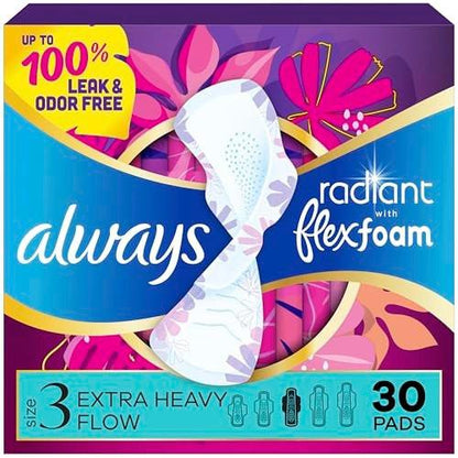 Always Radiant Damenbinden mit Flügeln, Flexfoam, Größe 3, Extra starke Saugfähigkeit, leicht parfümiert, 30 Stück