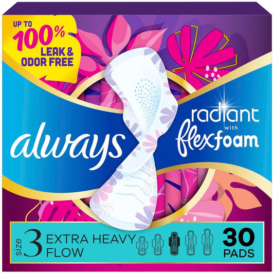 Always Radiant Damenbinden mit Flügeln, Flexfoam, Größe 3, Extra starke Saugfähigkeit, leicht parfümiert, 30 Stück
