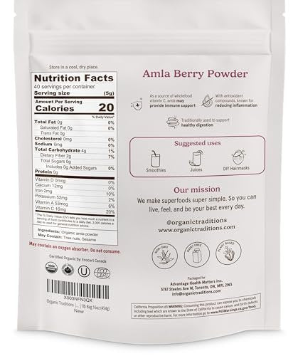 Organic Traditions Amla-Pulver – Bio Amla Pulver aus indischer Stachelbeere, Vitamin-C-reiches Superfood für Smoothies, Säfte und Rezepte, 454 g (1 lb) Beutel