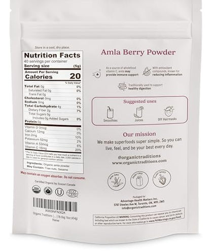 Organic Traditions Amla-Pulver – Bio Amla Pulver aus indischer Stachelbeere, Vitamin-C-reiches Superfood für Smoothies, Säfte und Rezepte, 454 g (1 lb) Beutel