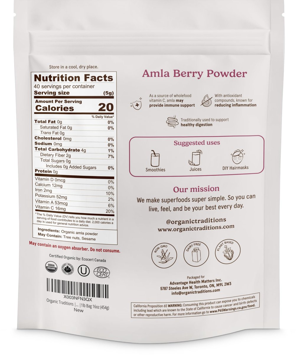 Organic Traditions Amla-Pulver – Bio Amla Pulver aus indischer Stachelbeere, Vitamin-C-reiches Superfood für Smoothies, Säfte und Rezepte, 454 g (1 lb) Beutel