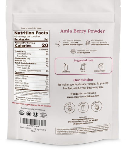 Organic Traditions Amla-Pulver – Bio Amla Pulver aus indischer Stachelbeere, Vitamin-C-reiches Superfood für Smoothies, Säfte und Rezepte, 454 g (1 lb) Beutel