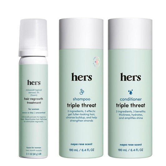 Hers Triple Threat Shampoo, Conditioner & Minoxidil Set - 5% Minoxidil Schaum, Haarverdickende & Stärkende Formel, Parabenfrei, Vegan, Farbsicher - 3-teilig