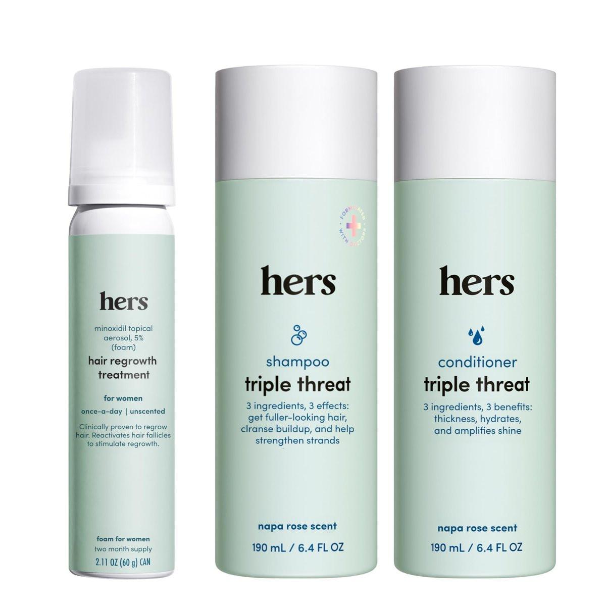 Hers Triple Threat Shampoo, Conditioner & Minoxidil Set - 5% Minoxidil Schaum, Haarverdickende & Stärkende Formel, Parabenfrei, Vegan, Farbsicher - 3-teilig