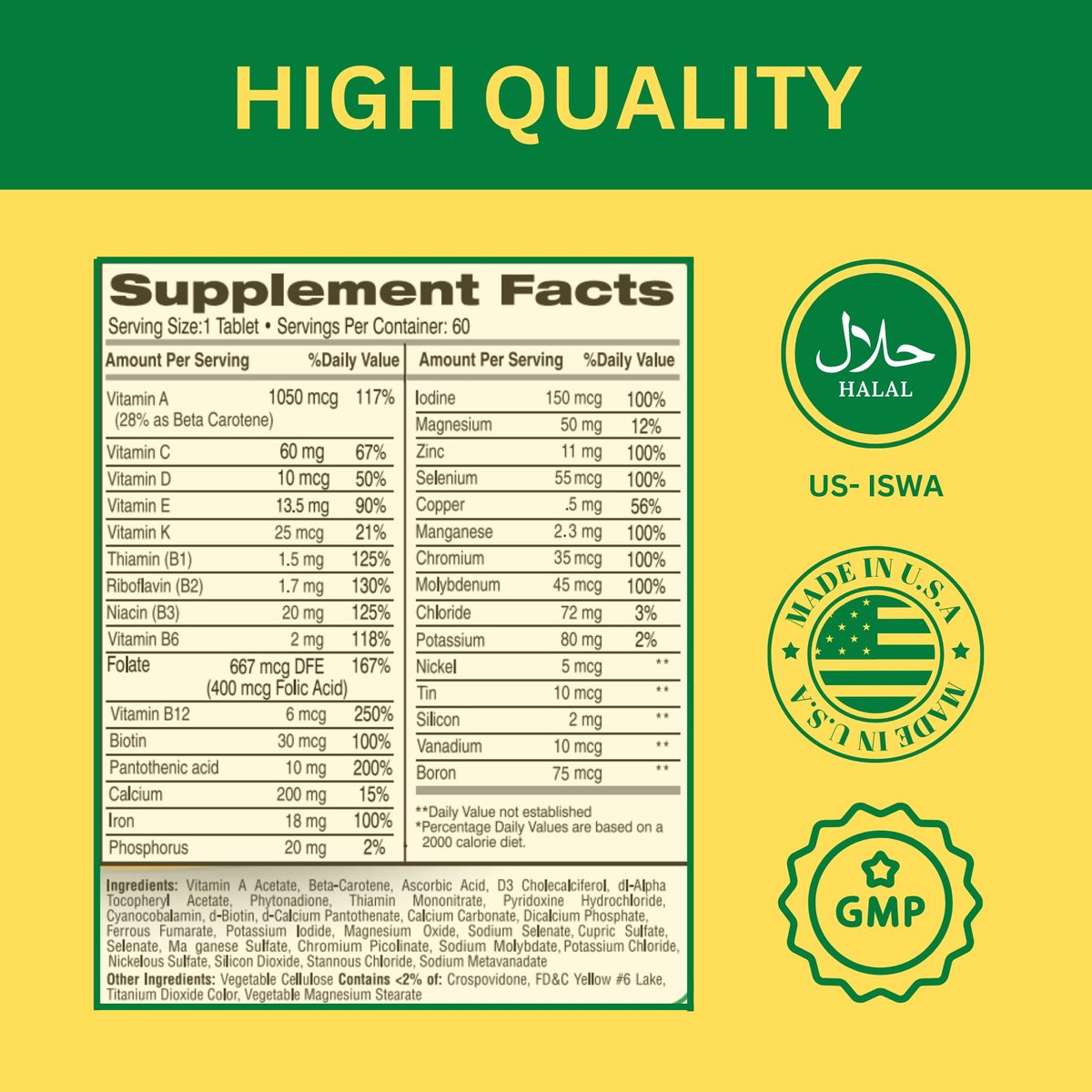 Greenfield Nutritions Halal Multivitamin für Frauen und Männer – 60 Gelatinefreie Multivitamintabletten mit 27+ Vitaminen und Mineralstoffen, A, B12, C, D3, Eisen und Zink – Unterstützt Immunsystem, Knochen und allgemeine Gesundheit