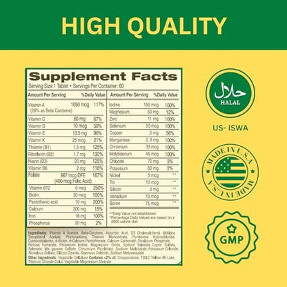 Greenfield Nutritions Halal Multivitamin für Frauen und Männer – 60 Gelatinefreie Multivitamintabletten mit 27+ Vitaminen und Mineralstoffen, A, B12, C, D3, Eisen und Zink – Unterstützt Immunsystem, Knochen und allgemeine Gesundheit