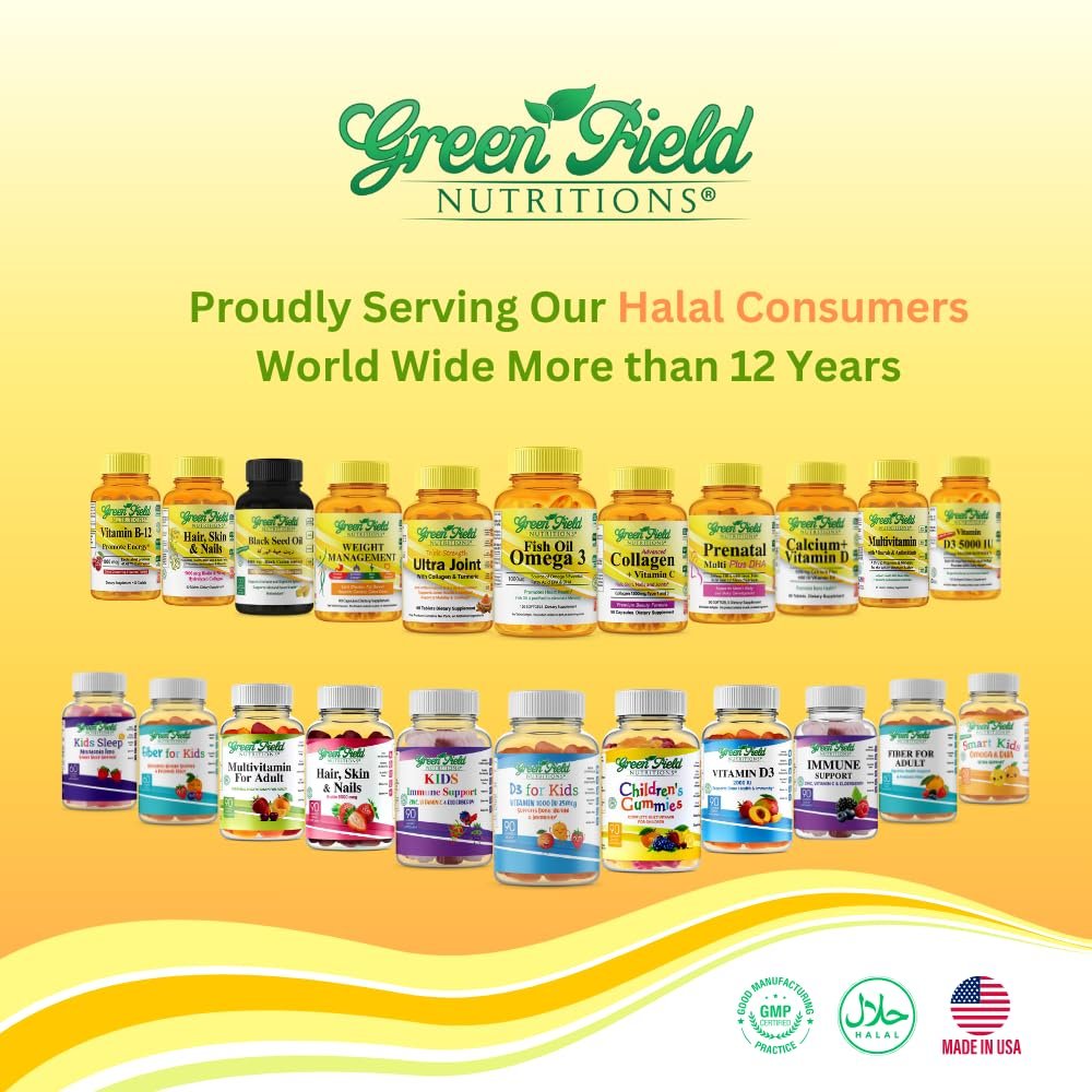 Greenfield Nutritions Halal Multivitamin für Frauen und Männer – 60 Gelatinefreie Multivitamintabletten mit 27+ Vitaminen und Mineralstoffen, A, B12, C, D3, Eisen und Zink – Unterstützt Immunsystem, Knochen und allgemeine Gesundheit