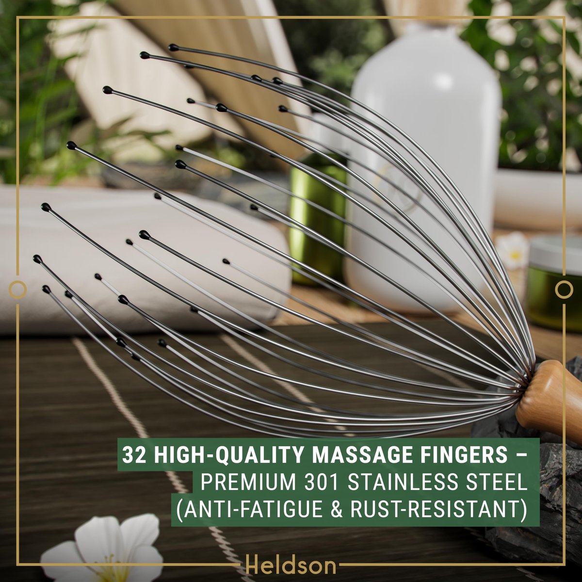 HELDSON® Premium Draht-Kopfmassagegerät – 32 Finger Oktopus-Kratzer – Stressabbau & Entspannung – Kopfhautmassagegerät – Geschenk für Männer & Frauen