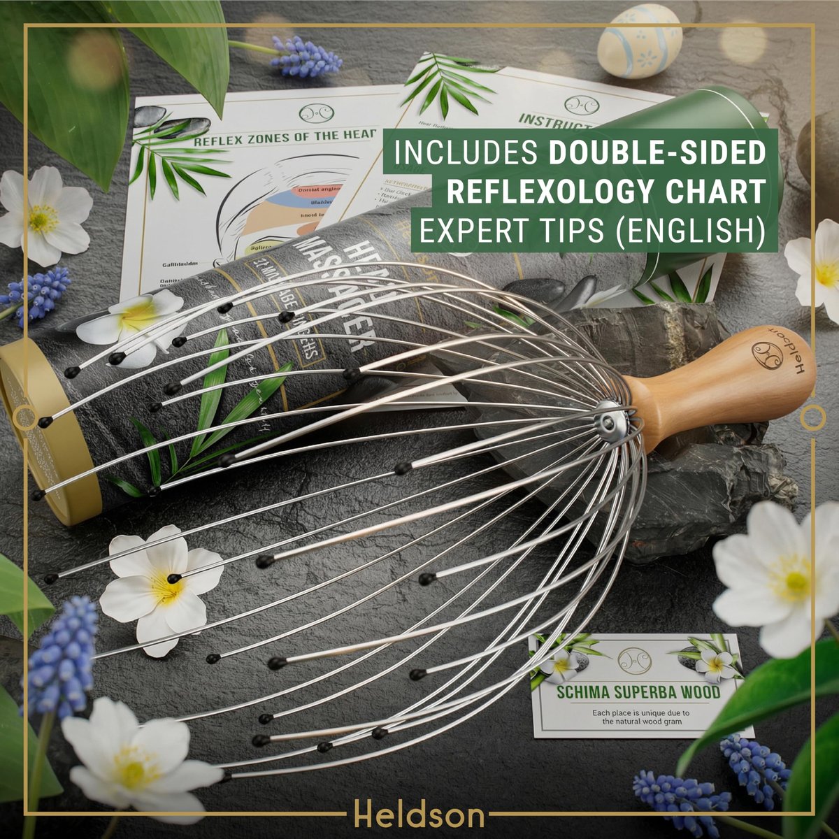 HELDSON® Premium Draht-Kopfmassagegerät – 32 Finger Oktopus-Kratzer – Stressabbau & Entspannung – Kopfhautmassagegerät – Geschenk für Männer & Frauen
