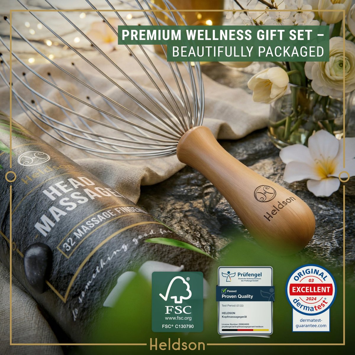 HELDSON® Premium Draht-Kopfmassagegerät – 32 Finger Oktopus-Kratzer – Stressabbau & Entspannung – Kopfhautmassagegerät – Geschenk für Männer & Frauen