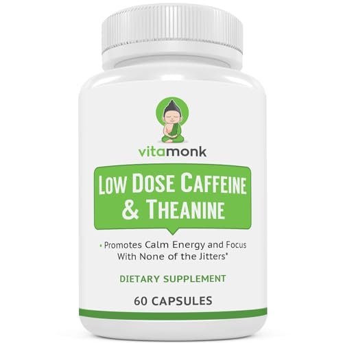 VitaMonk Low Dose Caffeine und Theanine – Mikrodosierung Koffein mit L-Theanin und Theobromin, 25 mg Koffein pro Kapsel, 60 Kapseln