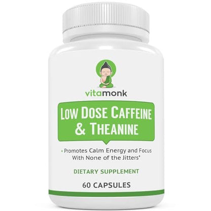 VitaMonk Low Dose Caffeine und Theanine – Mikrodosierung Koffein mit L-Theanin und Theobromin, 25 mg Koffein pro Kapsel, 60 Kapseln