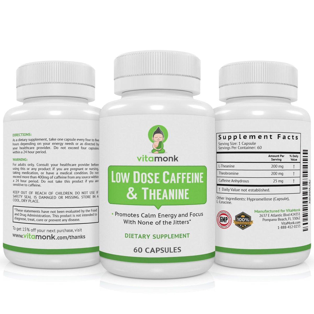 VitaMonk Low Dose Caffeine und Theanine – Mikrodosierung Koffein mit L-Theanin und Theobromin, 25 mg Koffein pro Kapsel, 60 Kapseln