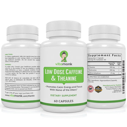 VitaMonk Low Dose Caffeine und Theanine – Mikrodosierung Koffein mit L-Theanin und Theobromin, 25 mg Koffein pro Kapsel, 60 Kapseln