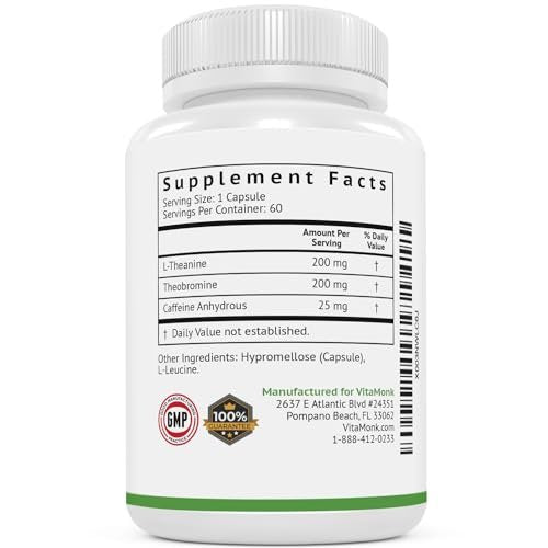 VitaMonk Low Dose Caffeine und Theanine – Mikrodosierung Koffein mit L-Theanin und Theobromin, 25 mg Koffein pro Kapsel, 60 Kapseln