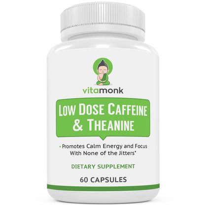 VitaMonk Low Dose Caffeine und Theanine – Mikrodosierung Koffein mit L-Theanin und Theobromin, 25 mg Koffein pro Kapsel, 60 Kapseln