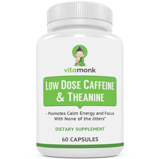 VitaMonk Low Dose Caffeine und Theanine – Mikrodosierung Koffein mit L-Theanin und Theobromin, 25 mg Koffein pro Kapsel, 60 Kapseln