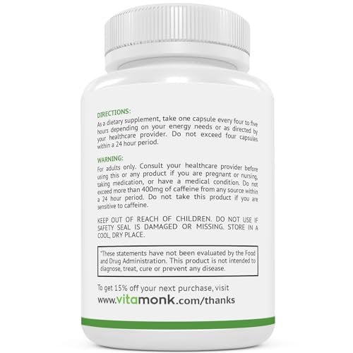 VitaMonk Low Dose Caffeine und Theanine – Mikrodosierung Koffein mit L-Theanin und Theobromin, 25 mg Koffein pro Kapsel, 60 Kapseln