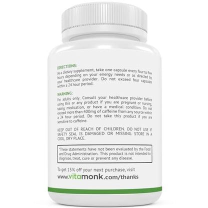 VitaMonk Low Dose Caffeine und Theanine – Mikrodosierung Koffein mit L-Theanin und Theobromin, 25 mg Koffein pro Kapsel, 60 Kapseln