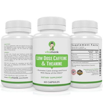 VitaMonk Low Dose Caffeine und Theanine – Mikrodosierung Koffein mit L-Theanin und Theobromin, 25 mg Koffein pro Kapsel, 60 Kapseln