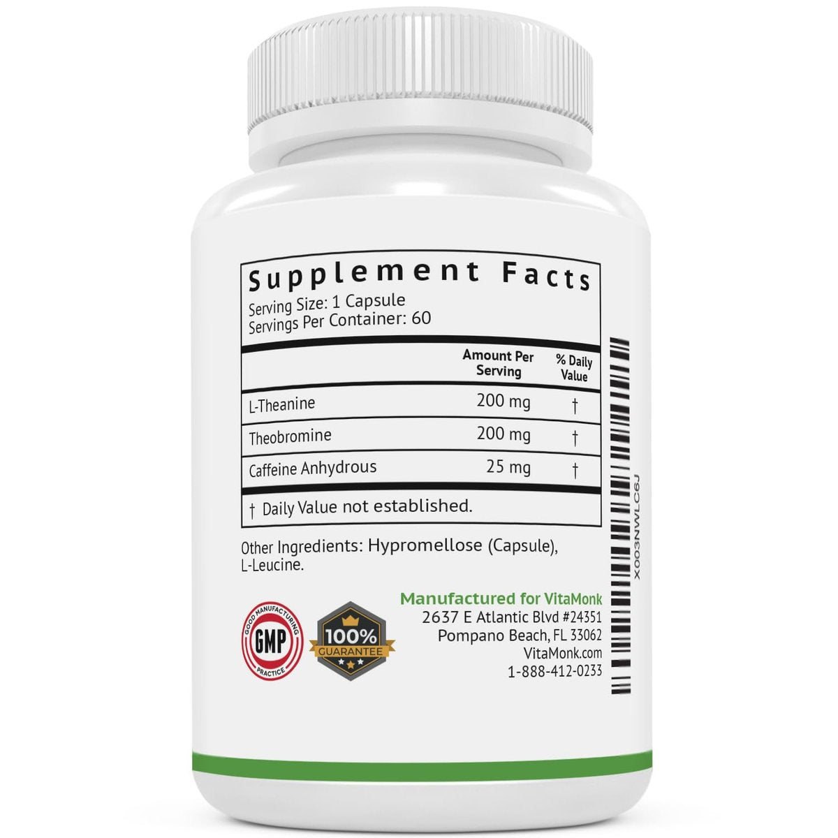 VitaMonk Low Dose Caffeine und Theanine – Mikrodosierung Koffein mit L-Theanin und Theobromin, 25 mg Koffein pro Kapsel, 60 Kapseln