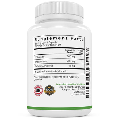 VitaMonk Low Dose Caffeine und Theanine – Mikrodosierung Koffein mit L-Theanin und Theobromin, 25 mg Koffein pro Kapsel, 60 Kapseln