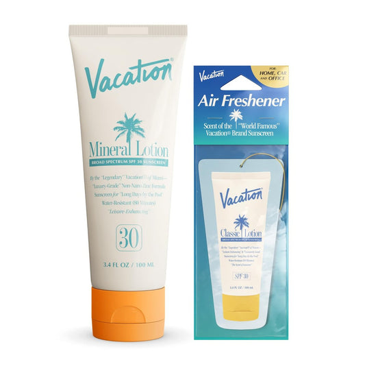 Vacation Mineral Lotion Sonnenschutz SPF 30 & Air Freshener Bundle – Nicht-nano Zinkoxid, ohne weißen Schimmer, wasserfest, dermatologisch getestet, vegan, Reisegröße, 2 x 1,7 Fl. Oz.