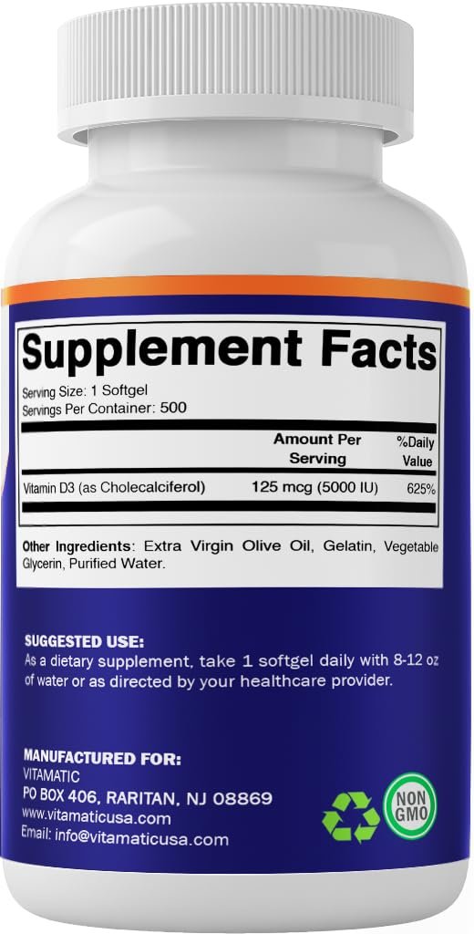 Vitamatic Vitamin D3 5000 IE (125 µg) – 500 Mini-Weichkapseln mit Olivenölbasis – Kaltgepresst – 500-Tage-Vorrat – Unterstützt Knochen-, Muskel- und Immunsystem – Ohne Gentechnik & Glutenfrei
