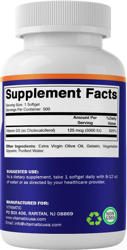 Vitamatic Vitamin D3 5000 IE (125 µg) – 500 Mini-Weichkapseln mit Olivenölbasis – Kaltgepresst – 500-Tage-Vorrat – Unterstützt Knochen-, Muskel- und Immunsystem – Ohne Gentechnik & Glutenfrei