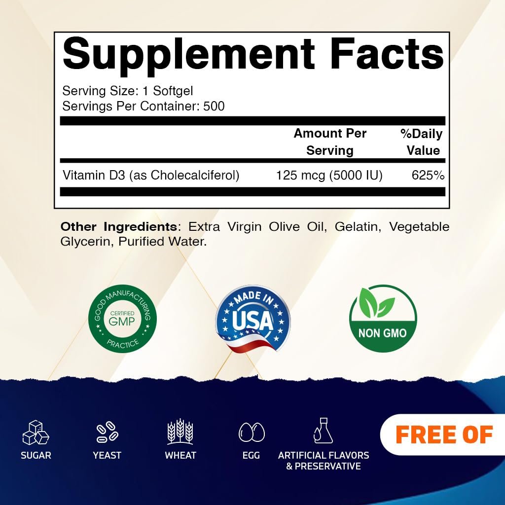 Vitamatic Vitamin D3 5000 IE (125 µg) – 500 Mini-Weichkapseln mit Olivenölbasis – Kaltgepresst – 500-Tage-Vorrat – Unterstützt Knochen-, Muskel- und Immunsystem – Ohne Gentechnik & Glutenfrei