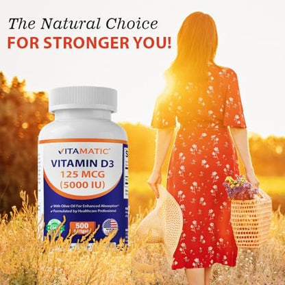 Vitamatic Vitamin D3 5000 IE (125 µg) – 500 Mini-Weichkapseln mit Olivenölbasis – Kaltgepresst – 500-Tage-Vorrat – Unterstützt Knochen-, Muskel- und Immunsystem – Ohne Gentechnik & Glutenfrei