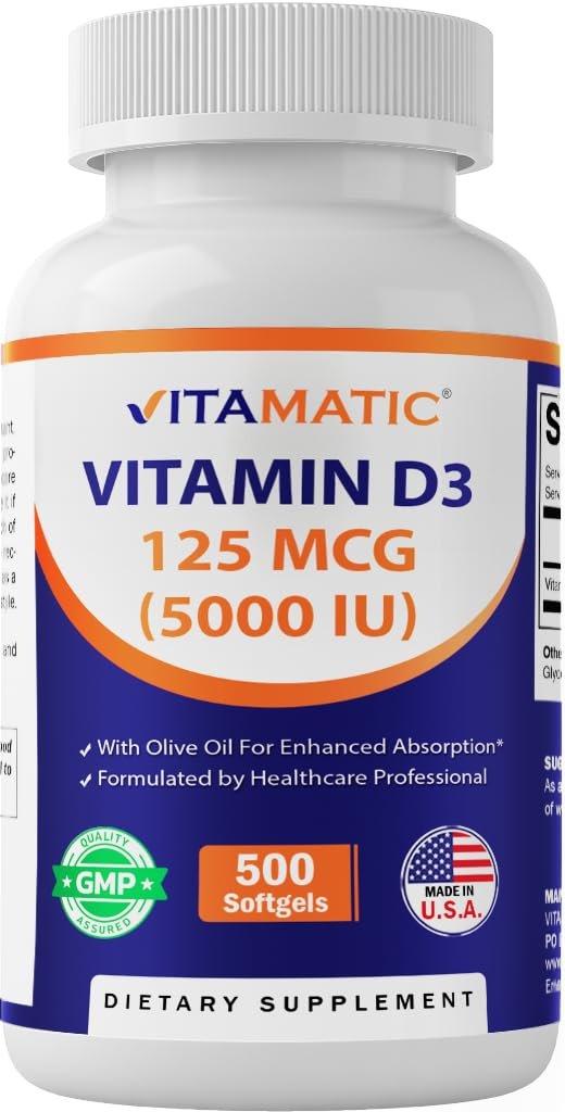 Vitamatic Vitamin D3 5000 IE (125 µg) – 500 Mini-Weichkapseln mit Olivenölbasis – Kaltgepresst – 500-Tage-Vorrat – Unterstützt Knochen-, Muskel- und Immunsystem – Ohne Gentechnik & Glutenfrei