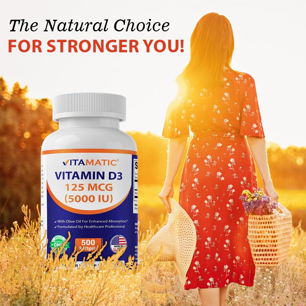 Vitamatic Vitamin D3 5000 IE (125 µg) – 500 Mini-Weichkapseln mit Olivenölbasis – Kaltgepresst – 500-Tage-Vorrat – Unterstützt Knochen-, Muskel- und Immunsystem – Ohne Gentechnik & Glutenfrei