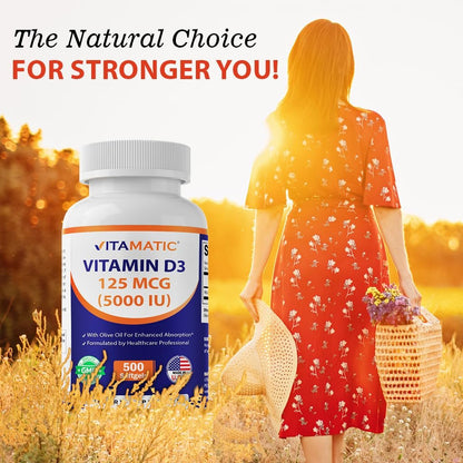 Vitamatic Vitamin D3 5000 IE (125 µg) – 500 Mini-Weichkapseln mit Olivenölbasis – Kaltgepresst – 500-Tage-Vorrat – Unterstützt Knochen-, Muskel- und Immunsystem – Ohne Gentechnik & Glutenfrei