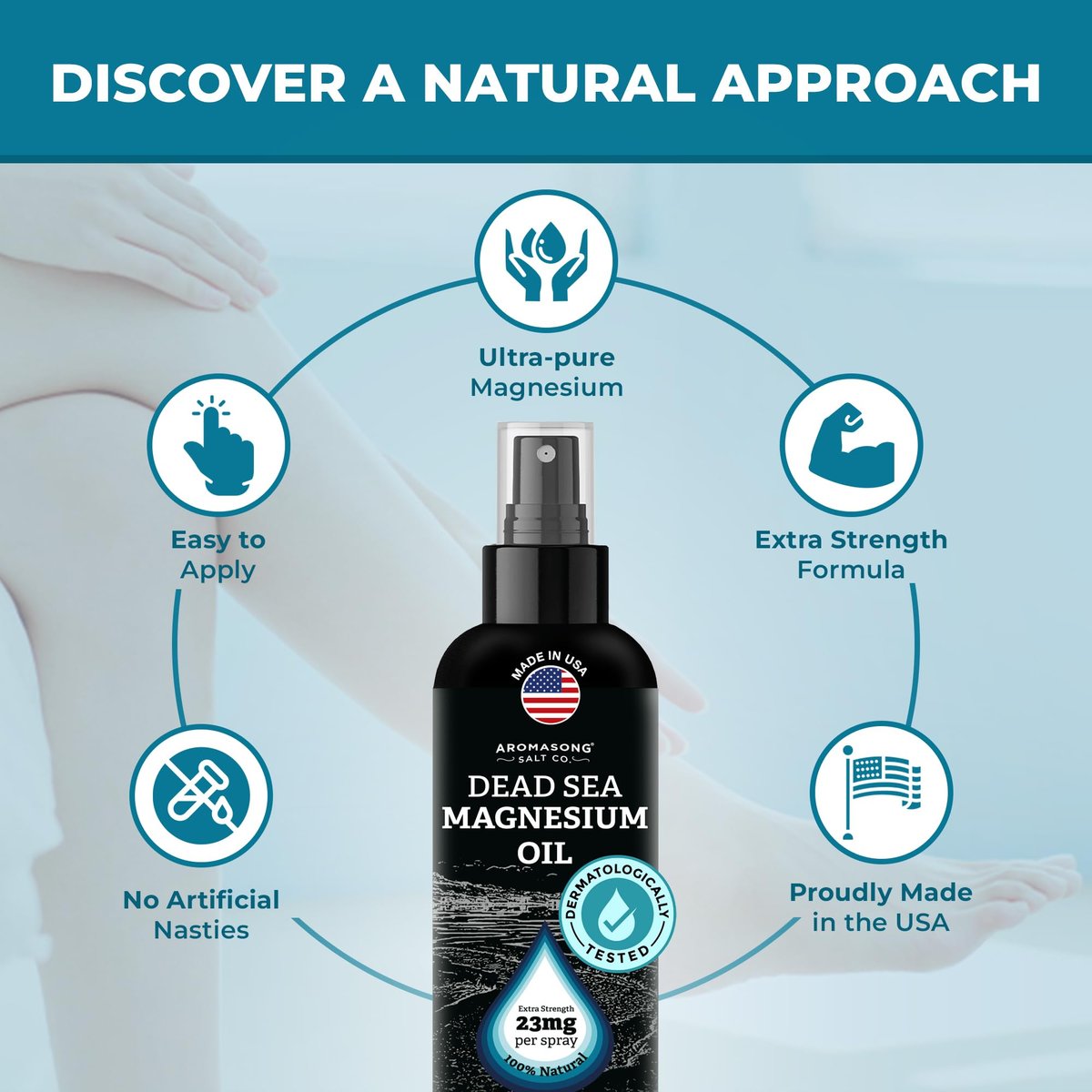 Aromasong Magnesium Spray – Extra Stark (23 mg pro Sprühstoß) 8 Oz – Reines Magnesiumöl für Beinbeschwerden und erholsamen Schlaf – Hergestellt in den USA