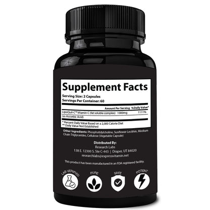 Research Labs Liposomales Vitamin C Supplement mit verbesserter Absorption LipoQuil-C™ | 2 für 1 – 240 Kapseln insgesamt Immununterstützung Kollagen-Booster | Hochdosiertes fettlösliches Vita C 1000 mg gepuffert | Non GMO