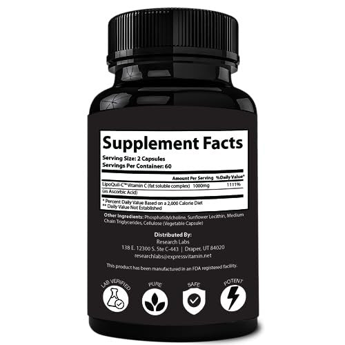 Research Labs Liposomales Vitamin C Supplement mit verbesserter Absorption LipoQuil-C™ | 2 für 1 – 240 Kapseln insgesamt Immununterstützung Kollagen-Booster | Hochdosiertes fettlösliches Vita C 1000 mg gepuffert | Non GMO