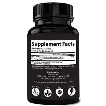 Research Labs Liposomales Vitamin C Supplement mit verbesserter Absorption LipoQuil-C™ | 2 für 1 – 240 Kapseln insgesamt Immununterstützung Kollagen-Booster | Hochdosiertes fettlösliches Vita C 1000 mg gepuffert | Non GMO