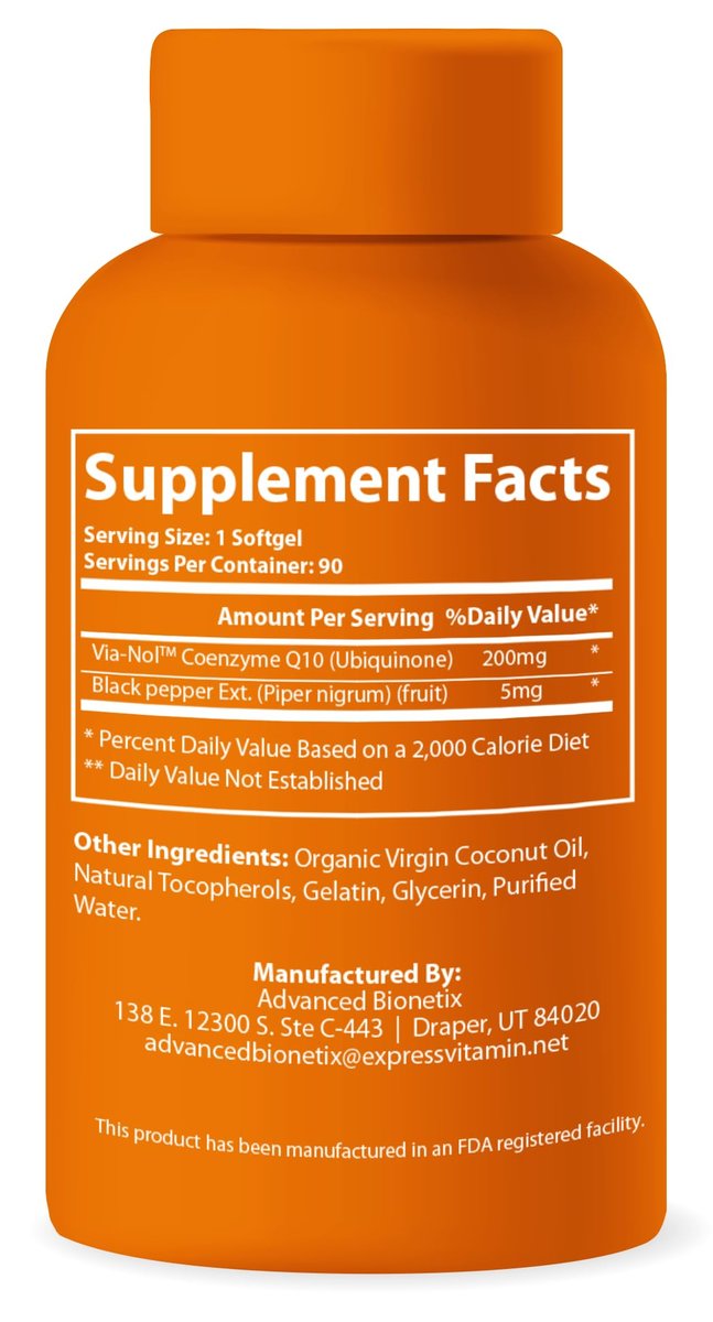 Advanced Bionetix CoQ10 200mg mit Schwarzem Pfeffer Extrakt – 90 Weichkapseln – Antioxidans, Herz-Kreislauf- & Gehirngesundheit, Energieproduktion, Bio, Glutenfrei