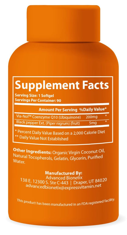 Advanced Bionetix CoQ10 200mg mit Schwarzem Pfeffer Extrakt – 90 Weichkapseln – Antioxidans, Herz-Kreislauf- & Gehirngesundheit, Energieproduktion, Bio, Glutenfrei