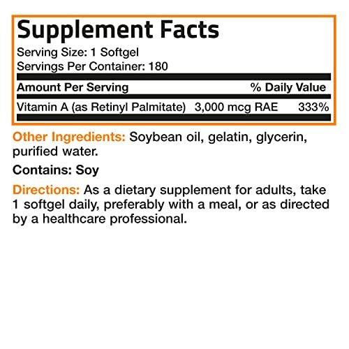 Bronson Vitamin A 10.000 IE Premium Non-GMO – Unterstützt gesunde Sehkraft, Immunsystem und Wachstum, 180 Softgels