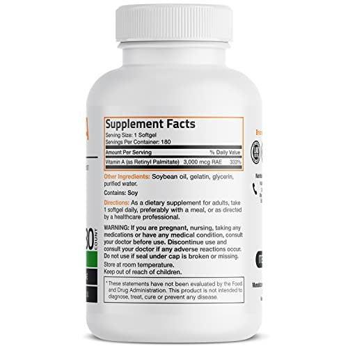 Bronson Vitamin A 10.000 IE Premium Non-GMO – Unterstützt gesunde Sehkraft, Immunsystem und Wachstum, 180 Softgels